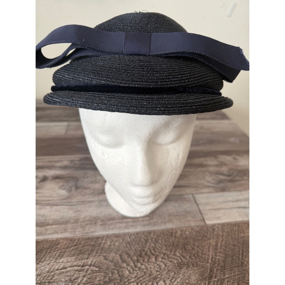 Austelle Fashion Vintage Navy Blue Straw Cloche Hat Bow Retro Mod